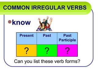 COMMON IRREGULAR VERBS

 know

    Present    Past     Past
                      Participle


      ?        ?         ?
  Can you list these verb forms?
 