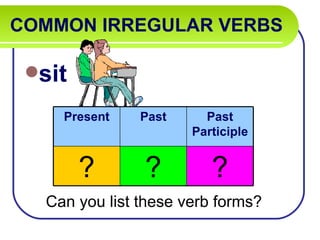 COMMON IRREGULAR VERBS

 sit

     Present    Past     Past
                       Participle


        ?       ?         ?
   Can you list these verb forms?
 