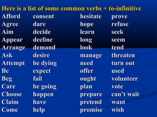 Here is a list of some common verbs + to-infinitive
Afford
consent
hesitate
prove
Agree
dare
hope
refuse
Aim
decide
learn
seek
Appear
decline
long
seem
Arrange demand
look
tend
Ask
desire
manage threaten
Attempt be dying
need
turn out
Be
expect
offer
used
Beg
fail
ought
volunteer
Care
be going
plan
vote
Choose
happen
prepare can’t wait
Claim
have
pretend want
Come
help
promise wish

 