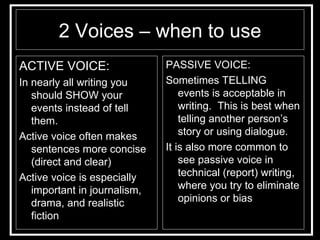 2 Voices – when to use <ul><li>ACTIVE VOICE: </li></ul><ul><li>In nearly all writing you should SHOW your events instead o...