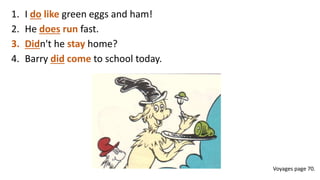 1. I do like green eggs and ham!
2. He does run fast.
3. Didn't he stay home?
4. Barry did come to school today.
Voyages page 70.
 