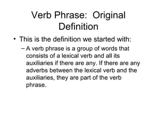 Verb Phrase: Original
Definition
• This is the definition we started with:
– A verb phrase is a group of words that
consists of a lexical verb and all its
auxiliaries if there are any. If there are any
adverbs between the lexical verb and the
auxiliaries, they are part of the verb
phrase.

 