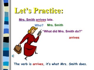 Mrs. Smith arrives late. Who?  arrives Mrs. Smith “ What did Mrs. Smith do?”  Let’s Practice: The verb is   arrives , it’s what Mrs. Smith does. 