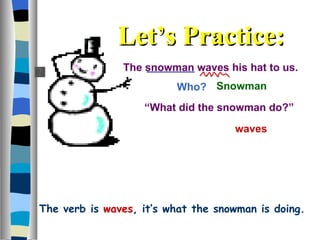 The snowman waves his hat to us. Who?  waves Snowman “ What did the snowman do?”  Let’s Practice: The verb is   waves , it’s what the snowman is doing. 