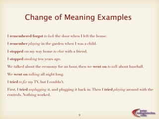 Change of Meaning Examples

I remembered/forgot to lock the door when I left the house.

I remember playing in the garden when I was a child.

I stopped on my way home to chat with a friend.

I stopped smoking ten years ago.

We talked about the economy for an hour, then we went on to talk about baseball.

We went on talking all night long.

I tried to ﬁx my TV, but I couldn’t.

First, I tried unplugging it, and plugging it back in. Then I tried playing around with the
controls. Nothing worked.




                                            9
 