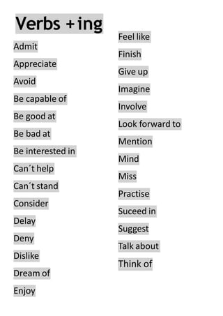 Verbs +ing
Admit
Appreciate
Avoid
Be capable of
Be good at
Be bad at
Be interested in
Can´t help
Can´t stand
Consider
Delay
Deny
Dislike
Dream of
Enjoy
Feel like
Finish
Give up
Imagine
Involve
Look forward to
Mention
Mind
Miss
Practise
Suceed in
Suggest
Talk about
Think of
 