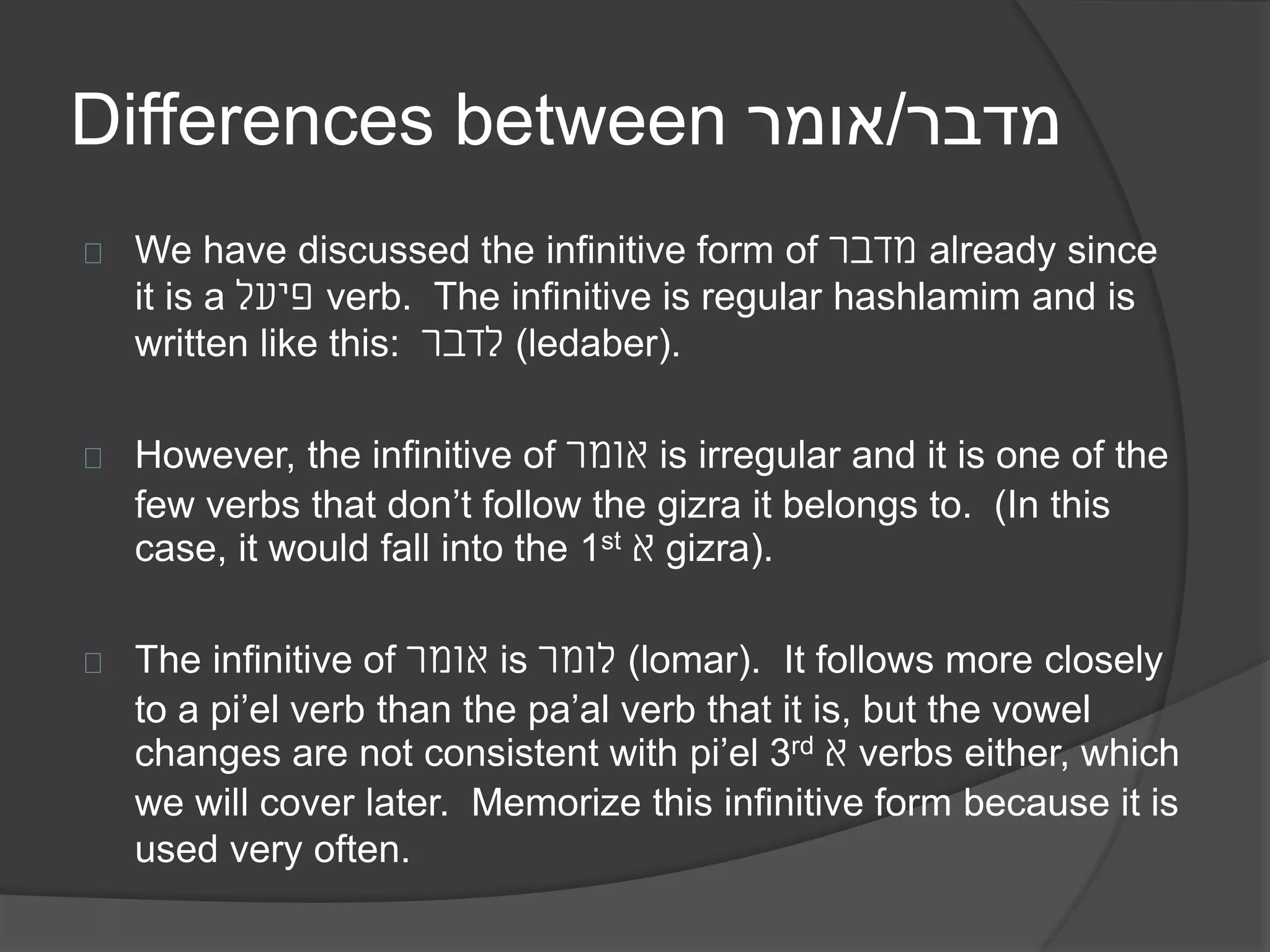 Differences between מדבר/אומר 
We have discussed the infinitive form of מדבר already since 
it is a פיעל verb. The infinitive is regular hashlamim and is 
written like this: לדבר (ledaber). 
However, the infinitive of אומר is irregular and it is one of the 
few verbs that don’t follow the gizra it belongs to. (In this 
case, it would fall into the 1st א gizra). 
The infinitive of אומר is לומר (lomar). It follows more closely 
to a pi’el verb than the pa’al verb that it is, but the vowel 
changes are not consistent with pi’el 3rd א verbs either, which 
we will cover later. Memorize this infinitive form because it is 
used very often. 
 