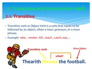 2. Transitive and Intransitive Verb
2.1. Transitive
 Transitive verb or Object Verb is a verb that needs to be
 followed by an object, often a noun ,pronoun, or a noun
 phrase.
 Example take , smoke , kill , teach , catch, eat,…


                Transitive verb                     Direct Object


                                      what?

            Thearith throws the football.
 
