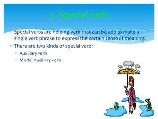3. Special verb
Special verbs are helping verb that can be add to make a
single verb phrase to express the certain tense of meaning.
There are two kinds of special verb:
  Auxiliary verb
  Modal Auxiliary verb
 
