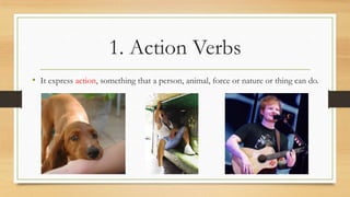 1. Action Verbs
• It express action, something that a person, animal, force or nature or thing can do.
 