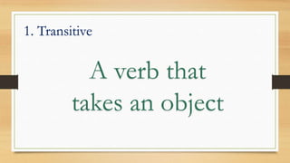 1. Transitive
A verb that
takes an object
 