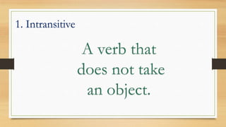1. Intransitive
A verb that
does not take
an object.
 