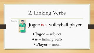 2. Linking Verbs
Jogee – subject
is – linking verb
Player – noun
Example:
Jogee is a volleyball player.
 