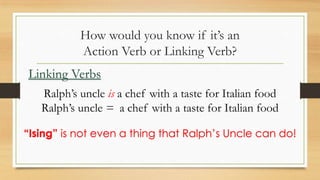 How would you know if it’s an
Action Verb or Linking Verb?
Ralph’s uncle is a chef with a taste for Italian food
Ralph’s uncle = a chef with a taste for Italian food
Linking Verbs
“Ising” is not even a thing that Ralph’s Uncle can do!
 