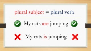 plural subject = plural verb
My cats is jumping
My cats are jumping
 