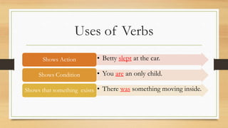 Uses of Verbs
• Betty slept at the car.Shows Action
• You are an only child.Shows Condition
• There was something moving inside.Shows that something exists
 