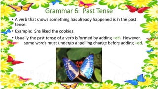 Grammar 6: Past Tense 
• A verb that shows something has already happened is in the past 
tense. 
• Example: She liked the cookies. 
• Usually the past tense of a verb is formed by adding –ed. However, 
some words must undergo a spelling change before adding –ed. 
 