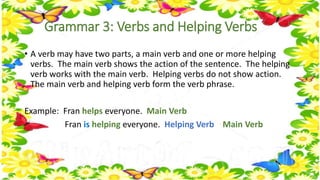 Grammar 3: Verbs and Helping Verbs 
• A verb may have two parts, a main verb and one or more helping 
verbs. The main verb shows the action of the sentence. The helping 
verb works with the main verb. Helping verbs do not show action. 
The main verb and helping verb form the verb phrase. 
Example: Fran helps everyone. Main Verb 
Fran is helping everyone. Helping Verb Main Verb 
 