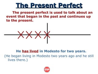 The Present Perfect The present perfect is used to talk about an event that began in the past and continues up to the present. He  has lived  in Modesto for two years.  (He began living in Modesto two years ago and he still lives there.) 