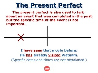 The Present Perfect The present perfect is also used to talk about an event that was completed in the past, but the specific time of the event is not important. I  have seen  that movie  before . He  has  already  visited  Vietnam. (Specific dates and times are not mentioned.) 