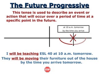 The Future Progressive This tense is used to describe an event or action that will occur over a period of time at a specific point in the future. I  will be teaching  ESL 40 at 10 a.m. tomorrow. They  will be moving  their furniture out of the house by the time you arrive tomorrow. at 10 a.m. tomorrow by the time you arrive 