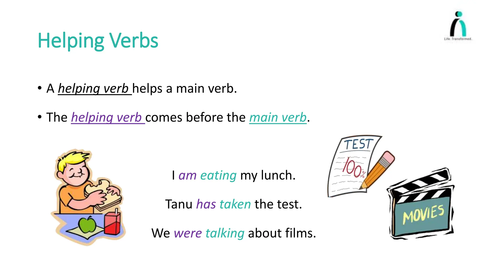 Helping Verbs
• A helping verb helps a main verb.
• The helping verb comes before the main verb.
I am eating my lunch.
Tanu has taken the test.
We were talking about films.
 