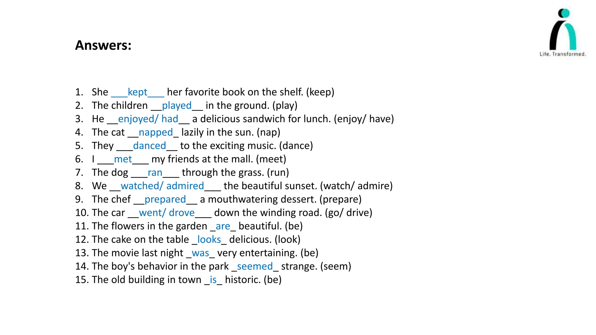 Answers:
1. She ___kept___ her favorite book on the shelf. (keep)
2. The children __played__ in the ground. (play)
3. He __enjoyed/ had__ a delicious sandwich for lunch. (enjoy/ have)
4. The cat __napped_ lazily in the sun. (nap)
5. They ___danced__ to the exciting music. (dance)
6. I ___met___ my friends at the mall. (meet)
7. The dog ___ran___ through the grass. (run)
8. We __watched/ admired___ the beautiful sunset. (watch/ admire)
9. The chef __prepared__ a mouthwatering dessert. (prepare)
10. The car __went/ drove___ down the winding road. (go/ drive)
11. The flowers in the garden _are_ beautiful. (be)
12. The cake on the table _looks_ delicious. (look)
13. The movie last night _was_ very entertaining. (be)
14. The boy's behavior in the park _seemed_ strange. (seem)
15. The old building in town _is_ historic. (be)
 