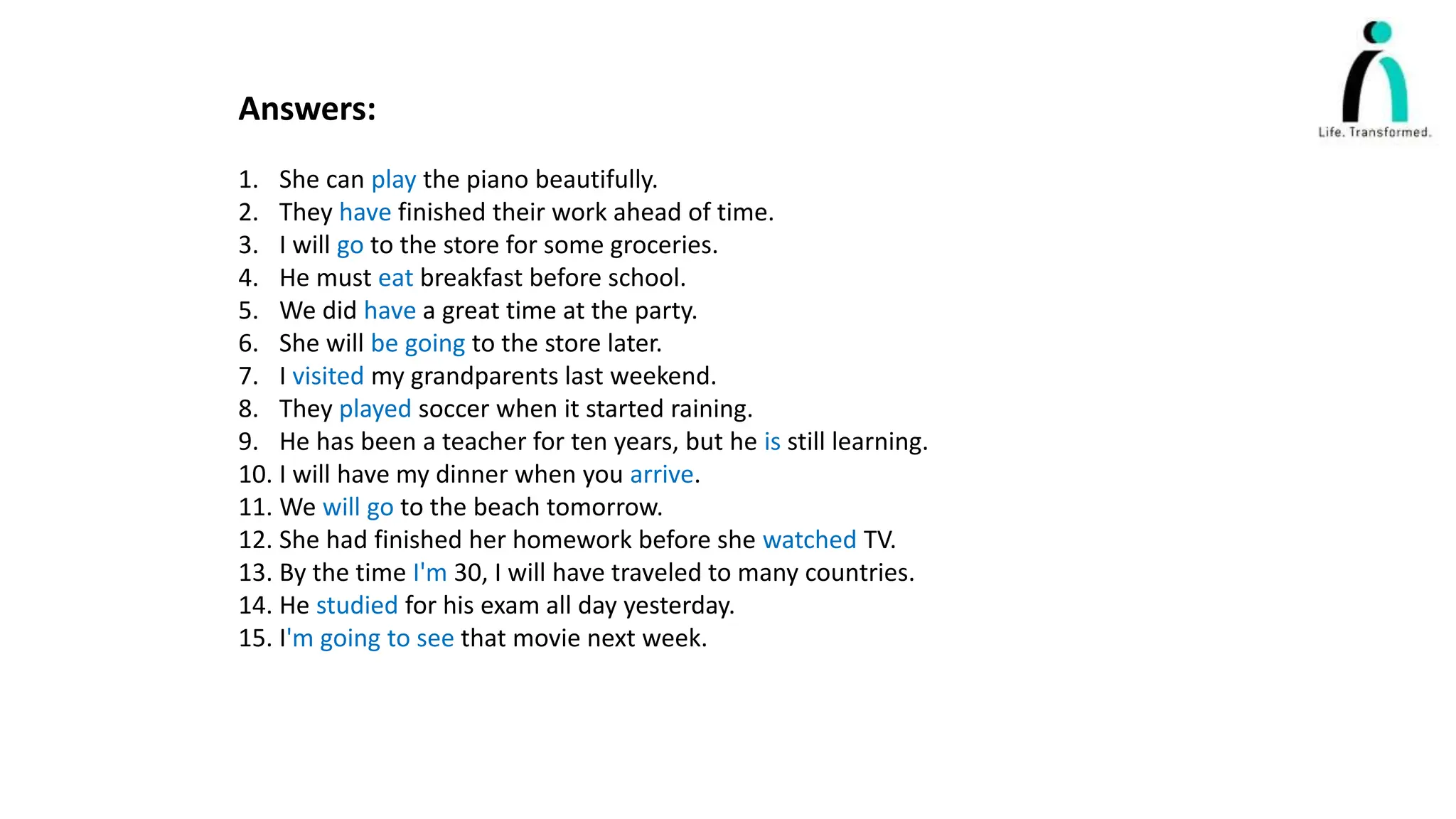 Answers:
1. She can play the piano beautifully.
2. They have finished their work ahead of time.
3. I will go to the store for some groceries.
4. He must eat breakfast before school.
5. We did have a great time at the party.
6. She will be going to the store later.
7. I visited my grandparents last weekend.
8. They played soccer when it started raining.
9. He has been a teacher for ten years, but he is still learning.
10. I will have my dinner when you arrive.
11. We will go to the beach tomorrow.
12. She had finished her homework before she watched TV.
13. By the time I'm 30, I will have traveled to many countries.
14. He studied for his exam all day yesterday.
15. I'm going to see that movie next week.
 