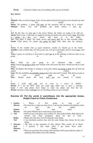 Dwain : I promise I (take) care of everything while you are in Ireland.
Key Answer
1.
Michael: After you (leave) leave work, will you please drop by the grocery store and pick up some
milk and bread?
Marie: No problem, I (pick) will pick up the groceries and be home by 6 o'clock.
Michael: Great. You will probably get home before I (do) do.
2.
Ari: By the time we (get) get to the movie theater, the tickets are going to be sold out.
Sarah: Don't worry. I told Jane we might be arriving just before the movie (start) starts. She (buy)
is going to buy our tickets and meet us in the lobby.
Ari: That place is huge! We (find, never) will never find her in that crowded lobby.
Sarah: Calm down, we (meet) are going to meet each other near the entrance.
3.
Terry: If the weather (be) is good tomorrow, maybe we should go to the beach.
Jennifer: I have a better idea. If it (be) is nice out, we'll go to the beach; and if it (rain) rains, we'll
see a movie.
Terry: I guess we will have to wait until we (get) get up in the morning to find out what we are
going to do.
4.
Max: What are you going to do tomorrow after work?
Sean: I (meet) am going to meet some friends at the cafe across the street. Would you like to come
along?
Max: No thanks! My brother is coming to town and I (pick) am going to pick him up from the
airport at 7 o'clock.
Sean: We (be, probably) are probably going to be at the cafe until 9 o'clock. Why don't you join us
after you (pick) pick him up.
Max: Sounds good. We (see) will see you around 8 o'clock.
5.
Lucy: I (call) will call you as soon as I arrive in Dublin.
Dwain: If I am not there when you (call) call, make sure to leave a message.
Lucy: I will. And please don't forget to water my plants and feed the cat.
Dwain: I promise I (take) will take care of everything while you are in Ireland.
Exercise 23: Put the words in parentheses into the appropriate tenses,
Simple Future or Future Continuous
1. Sandra : Where is Tim going to meet us?
Marcus : He (wait) for us when our train arrives. I am sure he (stand) on the platform when
we pull into the station.
Sandra : And then what?
Marcus : We (pick) Michele up at work and go out to dinner.
2. Ted : When we get to the party, Jerry (watch) TV, Sam (make) drinks, Beth (dance) by
herself, and Thad (complain) about his day at work.
Robin : Maybe, this time they won't be doing the same things.
Ted : I am absolutely positive they (do) the same things; they always do the same
things.
3. Florence : Oh, look at that mountain of dirty dishes! Who (wash) all of those?
Jack : I promise I (do) them when I get home from work.
Florence : Thanks.
Jack : When you get home this evening, that mountain will be gone and nice stacks of
sparkling clean dishes (sit) in the cabinets.
13
 