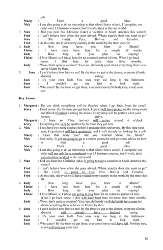 job.
Stacey : That's a good idea.
Nick : I am also going to do an internship so that when I leave school, I (complete, not
only) over 13 business courses, but I (work, also) in the real world.
3. Stan : Did you hear that Christine (take) a vacation in South America this winter?
Fred : I can't believe how often she goes abroad. Where exactly does she want to go?
Stan : She (visit) Peru, Bolivia and Ecuador.
Fred : At this rate, she (visit) every country in the world by the time she's 50.
4. Judy : How long have you been in Miami?
Elaine : I have only been here for a couple of weeks.
Judy : How long do you plan on staying?
Elaine : I love Miami, so I (stay) here for an extended period of time. When I go back
home, I (be) here for more than three months.
Judy : Wow, that's quite a vacation! You (see, definitely) just about everything there is to
see in Miami by then.
5. Jane : I can't believe how late we are! By the time we get to the dinner, everyone (finish,
already) eating.
Jack : It's your own fault. You took way too long in the bathroom.
Jane : I couldn't get my hair to look right.
Jack : Who cares? By the time we get there, everyone (leave) Nobody (see, even) your
hair.
Key Answer
1. Margaret : Do you think everything will be finished when I get back from the store?
Jerry : Don't worry. By the time you get back, I (pick) will have picked up the living room
and (finish) finished washing the dishes. Everything will be perfect when your
parents arrive.
Margaret : I hope so. They (arrive) will arrive around 6 o'clock.
Jerry : Everything (be) will be spotless by the time they get here.
2. Nick : I just have two more courses before I graduate from university. By this time next
year, I (graduate) will have graduated, and I will already be looking for a job.
Stacey : Does that scare you? Are you worried about the future?
Nick : Not really. I (go) am going to go to a career counselor and get some advice on how
to find a good job.
Stacey : That's a good idea.
Nick : I am also going to do an internship so that when I leave school, I (complete, not
only) will not only have completed over 13 business courses, but I (work, also)
will also have worked in the real world.
3. Stan : Did you hear that Christine (take) is going to take a vacation in South America this
winter?
Fred : I can't believe how often she goes abroad. Where exactly does she want to go?
Stan : She (visit) is going to visit Peru, Bolivia and Ecuador.
Fred : At this rate, she (visit) will have visited every country in the world by the time she's
50.
4. Judy : How long have you been in Miami?
Elaine : I have only been here for a couple of weeks.
Judy : How long do you plan on staying?
Elaine : I love Miami, so I (stay) am going to stay here for an extended period of time.
When I go back home, I (be) will have been here for more than three months.
Judy : Wow, that's quite a vacation! You (see, definitely) will definitely have seen just
about everything there is to see in Miami by then.
5. Jane : I can't believe how late we are! By the time we get to the dinner, everyone (finish,
already) will already have finished eating.
Jack : It's your own fault. You took way too long in the bathroom.
Jane : I couldn't get my hair to look right.
Jack : Who cares? By the time we get there, everyone (leave) will have left. Nobody (see,
even) will even see your hair.
16
 
