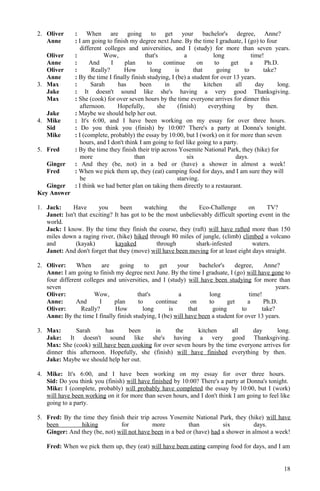 2. Oliver : When are going to get your bachelor's degree, Anne?
Anne : I am going to finish my degree next June. By the time I graduate, I (go) to four
different colleges and universities, and I (study) for more than seven years.
Oliver : Wow, that's a long time!
Anne : And I plan to continue on to get a Ph.D.
Oliver : Really? How long is that going to take?
Anne : By the time I finally finish studying, I (be) a student for over 13 years.
3. Max : Sarah has been in the kitchen all day long.
Jake : It doesn't sound like she's having a very good Thanksgiving.
Max : She (cook) for over seven hours by the time everyone arrives for dinner this
afternoon. Hopefully, she (finish) everything by then.
Jake : Maybe we should help her out.
4. Mike : It's 6:00, and I have been working on my essay for over three hours.
Sid : Do you think you (finish) by 10:00? There's a party at Donna's tonight.
Mike : I (complete, probably) the essay by 10:00, but I (work) on it for more than seven
hours, and I don't think I am going to feel like going to a party.
5. Fred : By the time they finish their trip across Yosemite National Park, they (hike) for
more than six days.
Ginger : And they (be, not) in a bed or (have) a shower in almost a week!
Fred : When we pick them up, they (eat) camping food for days, and I am sure they will
be starving.
Ginger : I think we had better plan on taking them directly to a restaurant.
Key Answer
1. Jack: Have you been watching the Eco-Challenge on TV?
Janet: Isn't that exciting? It has got to be the most unbelievably difficult sporting event in the
world.
Jack: I know. By the time they finish the course, they (raft) will have rafted more than 150
miles down a raging river, (hike) hiked through 80 miles of jungle, (climb) climbed a volcano
and (kayak) kayaked through shark-infested waters.
Janet: And don't forget that they (move) will have been moving for at least eight days straight.
2. Oliver: When are going to get your bachelor's degree, Anne?
Anne: I am going to finish my degree next June. By the time I graduate, I (go) will have gone to
four different colleges and universities, and I (study) will have been studying for more than
seven years.
Oliver: Wow, that's a long time!
Anne: And I plan to continue on to get a Ph.D.
Oliver: Really? How long is that going to take?
Anne: By the time I finally finish studying, I (be) will have been a student for over 13 years.
3. Max: Sarah has been in the kitchen all day long.
Jake: It doesn't sound like she's having a very good Thanksgiving.
Max: She (cook) will have been cooking for over seven hours by the time everyone arrives for
dinner this afternoon. Hopefully, she (finish) will have finished everything by then.
Jake: Maybe we should help her out.
4. Mike: It's 6:00, and I have been working on my essay for over three hours.
Sid: Do you think you (finish) will have finished by 10:00? There's a party at Donna's tonight.
Mike: I (complete, probably) will probably have completed the essay by 10:00, but I (work)
will have been working on it for more than seven hours, and I don't think I am going to feel like
going to a party.
5. Fred: By the time they finish their trip across Yosemite National Park, they (hike) will have
been hiking for more than six days.
Ginger: And they (be, not) will not have been in a bed or (have) had a shower in almost a week!
Fred: When we pick them up, they (eat) will have been eating camping food for days, and I am
18
 