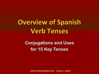 www.professorjason.com © jason r. jolley
Overview of SpanishOverview of Spanish
Verb TensesVerb Tenses
Conjugations and UsesConjugations and Uses
for 15 Key Tensesfor 15 Key Tenses
 