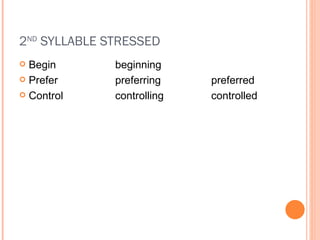 2 ND  SYLLABLE STRESSED Begin beginning Prefer preferring preferred Control controlling controlled 