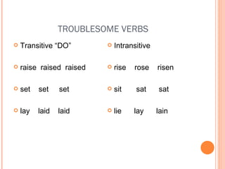 TROUBLESOME VERBS Transitive “DO” raise  raised  raised set  set  set  lay  laid  laid Intransitive rise  rose  risen sit  sat  sat lie  lay  lain 