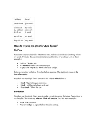 I will not      I won't

you will not    you won't

he will not     he won't
she will not    she won't
it will not     it won't

we will not     we won't

they will not   they won't

How do we use the Simple Future Tense?
No Plan

We use the simple future tense when there is no plan or decision to do something before
we speak. We make the decision spontaneously at the time of speaking. Look at these
examples:

    •   Hold on. I'll get a pen.
    •   We will see what we can do to help you.
    •   Maybe we'll stay in and watch television tonight.

In these examples, we had no firm plan before speaking. The decision is made at the
time of speaking.

We often use the simple future tense with the verb to think before it:

    •   I think I'll go to the gym tomorrow.
    •   I think I will have a holiday next year.
    •   I don't think I'll buy that car.

Prediction

We often use the simple future tense to make a prediction about the future. Again, there is
no firm plan. We are saying what we think will happen. Here are some examples:

    •   It will rain tomorrow.
    •   People won't go to Jupiter before the 22nd century.
 