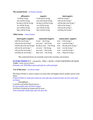 The normal forms – as formas normais

           affirmative                  negative                       interrogative
      I will be living            I will not be living         will I be living ?
     you will be living           you will not be living       will you be living ?
     he,she,it will be living     he,she,it will be living     will he,she,it be living ?
     we will be living            we will be living            will we be living ?
     you will be living           you will be living           will you be living ?
     they will be living          they will be living          will they be living ?

Other forms – outras formas

    interrogative negative            contracted negative        contrac,inter. negative
  will I be not living ?          I won 't be living           won 't I be living ?
  will you be not living?         you won 't be living         won 't you be living ?
  will he,she,it be not living?   he,she,it won 't be living   won 't he,she,it be living ?
  will we be not living ?         we won 't be living          won 't we be living ?
  will you be not living ?        you won 't be living         won 't you be living ?
  will they be not living ?       they won 't be living        won 't they be living ?

       The contracted forms are normally used in the everyday conversation

FUTURE PERFECT It's formed by : WILL + HAVE + PAST PARTICIPLE OF MAIN
VERB ( I WILL HAVE LIVED )
Formado com: Will+Have+past participle do verbo principal

Use of this tense – uso deste tempo

The Future Perfect is used to express an action that will happen before another action in the
future
O future Perfect é usado para expressar uma ação que acontecerá antes de uma outra ação
no futuro.
        EXAMPLES :
I will have left before David arrives.
Eu terei partido antes de David chegar.
I will have finished my homework by noon.
Terei terminado minha lição antes do meio dia.
 
