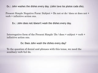 Ex.: John washes the dishes every day. (John lava los platos cada día).

Present Simple Negative Form: Subject + Do not or do / does or does not +
verb + infinitive action ons.

     Ex.: John does not/doesn't wash the dishes every day.



 Interrogative form of the Present Simple: Do / does + subject + verb +
 infinitive action ons.

             Ex: Does John wash the dishes every day?

 To the question of denial and phrases with this tense, we need the
 auxiliary verb (to) do.
 