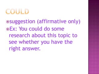 suggestion

(affirmative only)
Ex: You could do some
research about this topic to
see whether you have the
right answer.

 