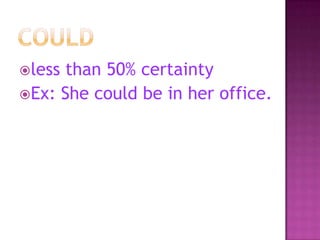 less

than 50% certainty
Ex: She could be in her office.

 