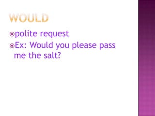 polite

request
Ex: Would you please pass
me the salt?

 