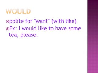 polite

for “want” (with like)
Ex: I would like to have some
tea, please.

 
