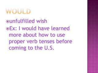 unfulfilled

wish
Ex: I would have learned
more about how to use
proper verb tenses before
coming to the U.S.

 