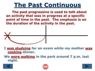 The Past Continuous
The past progressive is used to talk about
an activity that was in progress at a specific
point of time in the past. The emphasis is on
the duration of the activity in the past.
I was studying for an exam while my mother was
cooking dinner.
We were walking in the park around 7 p.m. last
night.
 
