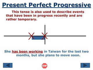 Present Perfect Progressive
This tense is also used to describe events
that have been in progress recently and are
rather temporary.
She has been working in Taiwan for the last two
months, but she plans to move soon.
 
