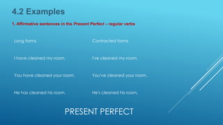 PRESENT PERFECT
Long forms Contracted forms
I have cleaned my room. I've cleaned my room.
You have cleaned your room. You've cleaned your room.
He has cleaned his room. He's cleaned his room.
4.2 Examples
1. Affirmative sentences in the Present Perfect – regular verbs
 