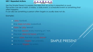 SIMPLE PRESENT
 I play football.
 She does not play basketball.
 Does he play tennis?
 The train leaves every morning at 7 AM.
 The train does not leave at 8 AM
 When does the train usually leave?
 She Always forgets her umbrella.
 He never forgets his wallet.
USE 1 Repeated Actions
Use the Simple Present to express the idea that an action is repeated or usual.
The action can be a habit, a hobby, a daily event, a scheduled event or something that
often happens.
It can also be something a person often forgets or usually does not do.
Examples:
 