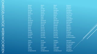 ONREGELMATIGEWERKWOORDEN
Sleep Slept Slept Slapen
Slide Slid Slid Glijden
Smell Smelt Smelt Ruiken
Speak Spoke Spoken Spreken
Spell Spelt Spelt Spellen
Spend Spent Spent Uitgeven
Spit Spat Spat Spuwen
Split Split Split Splitsen
Spoil Spilt Spoilt Verspillen
Spread Spread Spread Sprijden
Spring Sprang Sprung Springen
Stand Stood Stood Staan
Steal Stole Stolen Stelen
Stick Stuck Stuck Kleven
Stink Stank Stunk Stinken
Strike Struck Struck Slaan
Swear Swore Sworn Zweren
Sweep Swept Swept Vegen
Swim Swam Swum Zwemmen
Swing Swung Swung Schommelen
Take Took Taken Nemen
Teach Taught Taught Onderwijzen
Tear Tore Torn Scheuren
Tell Told Told Zeggen
Think Thought Thought Denken
Throw Threw Thrown Gooien
Understand Understood Understood Begrijpen
 