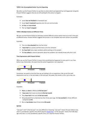 TOPIC 4 An Uncompleted Action You Are Expecting
We often use the Present Perfect to say that an action which we expected has not happened. Using the
Present Perfect suggests that we are still waiting for the action to happen.
Examples:
• James has not finished his homework yet.
• Susan hasn't mastered Japanese, but she can communicate.
• Bill has still not arrived.
• The rain hasn't stopped.
TOPIC 5 Multiple Actions at Different Times
We also use the Present Perfect to talk about several different actions which have occurred in the past
at different times. Present Perfect suggests the process is not complete and more actions are possible.
Examples:
• The army has attacked that city five times.
• I have had four quizzes and five tests so far this semester.
• We have had many major problems while working on this project.
• She has talked to several specialists about her problem, but nobody knows why she is sick.
Time Expressions with Present Perfect
When we use the Present Perfect it means that something has happened at some point in our lives
before now. Remember, the exact time the action happened is not important.
Sometimes, we want to limit the time we are looking in for an experience. We can do this with
expressions such as: in the last week, in the last year, this week, this month, so far, up to now, etc.
Examples:
• Have you been to Mexico in the last year?
• I have seen that movie six times in the last month.
• They have had three tests in the last week.
• She graduated from university less than three years ago. She has worked for three different
companies so far.
• My car has broken down three times this week.
NOTICE
"Last year" and "in the last year" are very different in meaning. "Last year" means the year before now,
and it is considered a specific time which requires Simple Past. "In the last year" means from 365 days
ago until now. It is not considered a specific time, so it requires Present Perfect.
 