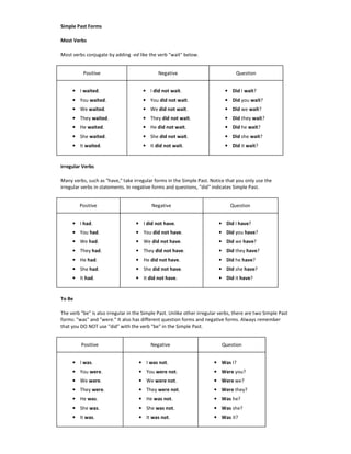 Simple Past Forms
Most Verbs
Most verbs conjugate by adding -ed like the verb "wait" below.
Positive Negative Question
• I waited.
• You waited.
• We waited.
• They waited.
• He waited.
• She waited.
• It waited.
• I did not wait.
• You did not wait.
• We did not wait.
• They did not wait.
• He did not wait.
• She did not wait.
• It did not wait.
• Did I wait?
• Did you wait?
• Did we wait?
• Did they wait?
• Did he wait?
• Did she wait?
• Did it wait?
Irregular Verbs
Many verbs, such as "have," take irregular forms in the Simple Past. Notice that you only use the
irregular verbs in statements. In negative forms and questions, "did" indicates Simple Past.
Positive Negative Question
• I had.
• You had.
• We had.
• They had.
• He had.
• She had.
• It had.
• I did not have.
• You did not have.
• We did not have.
• They did not have.
• He did not have.
• She did not have.
• It did not have.
• Did I have?
• Did you have?
• Did we have?
• Did they have?
• Did he have?
• Did she have?
• Did it have?
To Be
The verb "be" is also irregular in the Simple Past. Unlike other irregular verbs, there are two Simple Past
forms: "was" and "were." It also has different question forms and negative forms. Always remember
that you DO NOT use "did" with the verb "be" in the Simple Past.
Positive Negative Question
• I was.
• You were.
• We were.
• They were.
• He was.
• She was.
• It was.
• I was not.
• You were not.
• We were not.
• They were not.
• He was not.
• She was not.
• It was not.
• Was I?
• Were you?
• Were we?
• Were they?
• Was he?
• Was she?
• Was it?
 