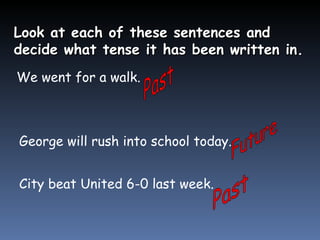 Look at each of these sentences and decide what tense it has been written in. We went for a walk. Past George will rush into school today. Future City beat United 6-0 last week. Past 